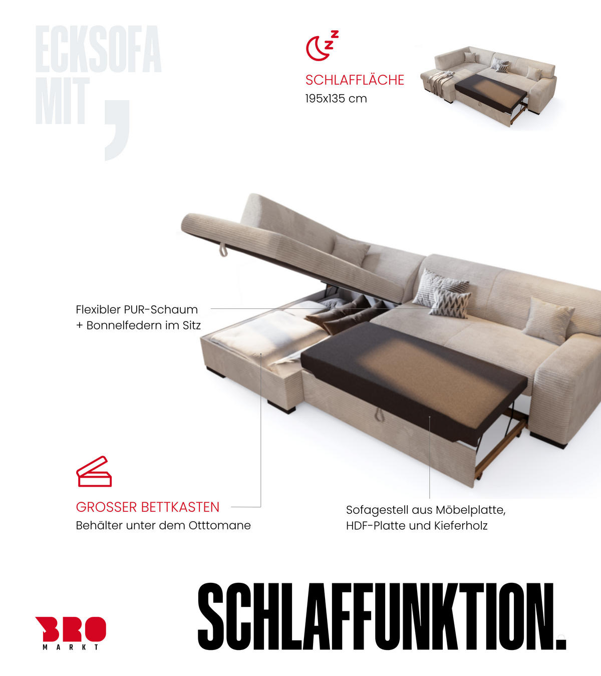 ECKSOFA mit Schlaffunktion Cordstoff MILENZO Puderrosa Rechts - Rosa, Holz (260/175cm) - Bromarkt