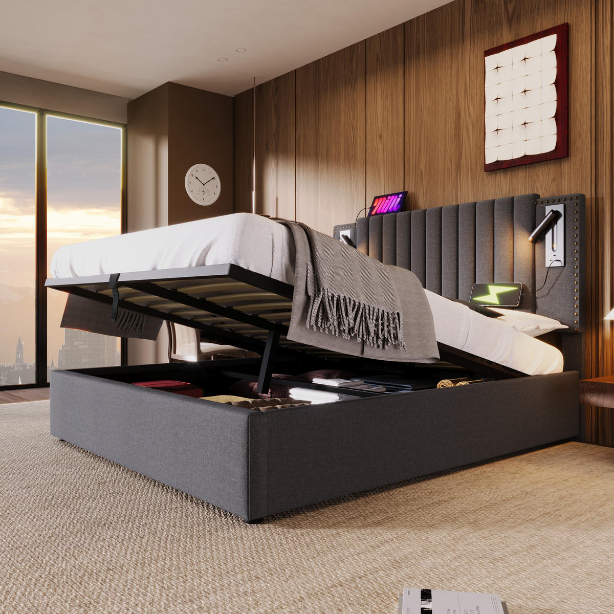 POLSTERBETT 180/200 cm Grau mit Stauraum und Leselicht - Grau, Textil (180/200cm) - OKWISH