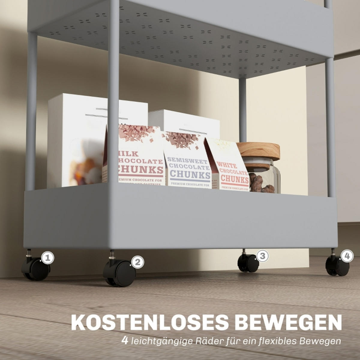 KÜCHENWAGEN mit Bremsen, MIT 4 ABNEHMBAREN HAKEN, 40/90/19 cm - Grau, Holzwerkstoff (19/90/40cm) - Rolipo