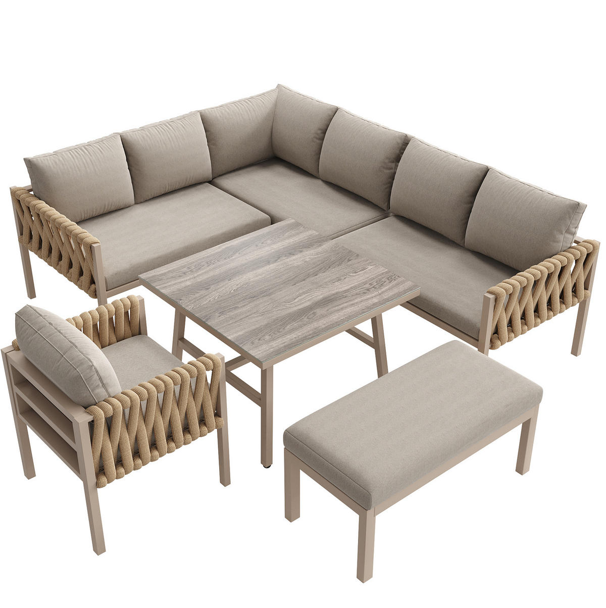 GARTENMÖBELSET mit Metallgestell, Ecksofa + Tisch mit Glasplatte, 238/61/78 cm, Beige - Beige, Metall - Redom
