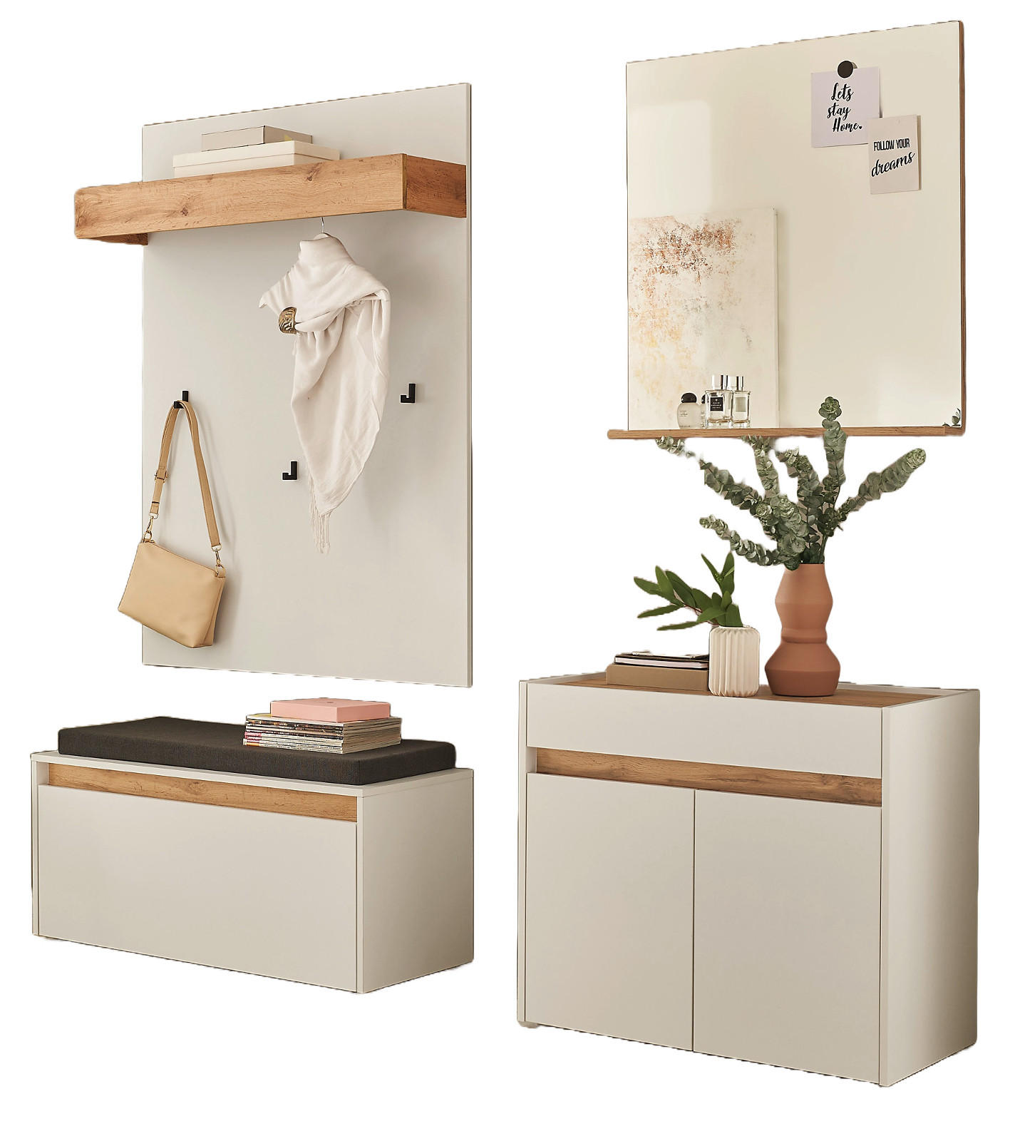 GARDEROBE 5-teilig Set weiß, Eiche Wotan 190 cm, viel Stauraum - Silberfarben/Eiche Wotan, Glas/Holzwerkstoff (190/200/40cm) - Furn.Design