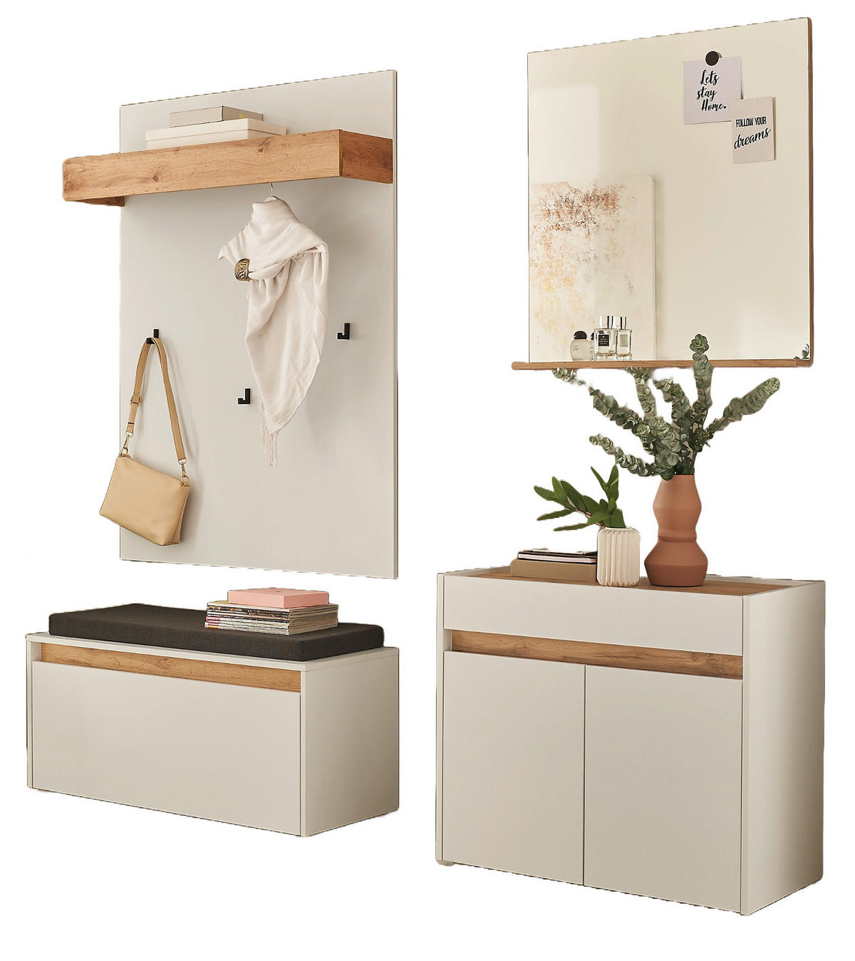 GARDEROBE 5-teilig Set weiß, Eiche Wotan 190 cm, viel Stauraum - Silberfarben/Eiche Wotan, Glas/Holzwerkstoff (190/200/40cm) - Furn.Design