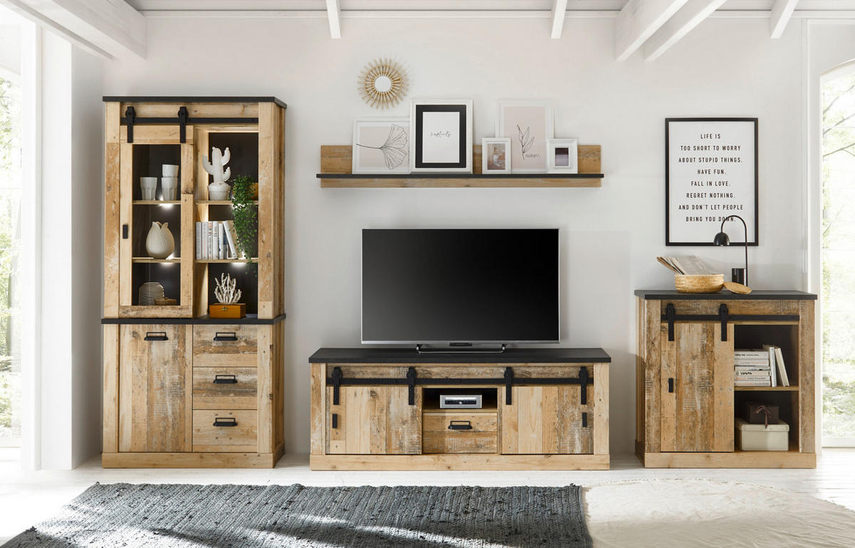 VITRINE Used Wood hell, anthrazit 93 x 201 cm, Vitrinenschrank mit Soft-Close - Anthrazit/Schwarz, Glas/Holzwerkstoff (93/201/38cm) - Furn.Design