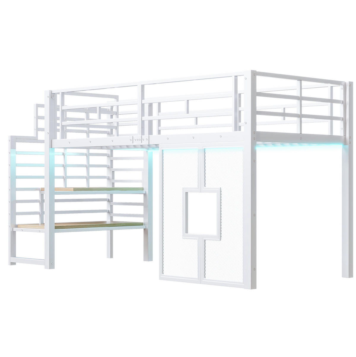 HOCHBETT 90x200 cm in Weiß mit Stauraumtreppe, LED-Beleuchtung und Fenstern - Weiß, Metall (90/200cm) - IVMEU