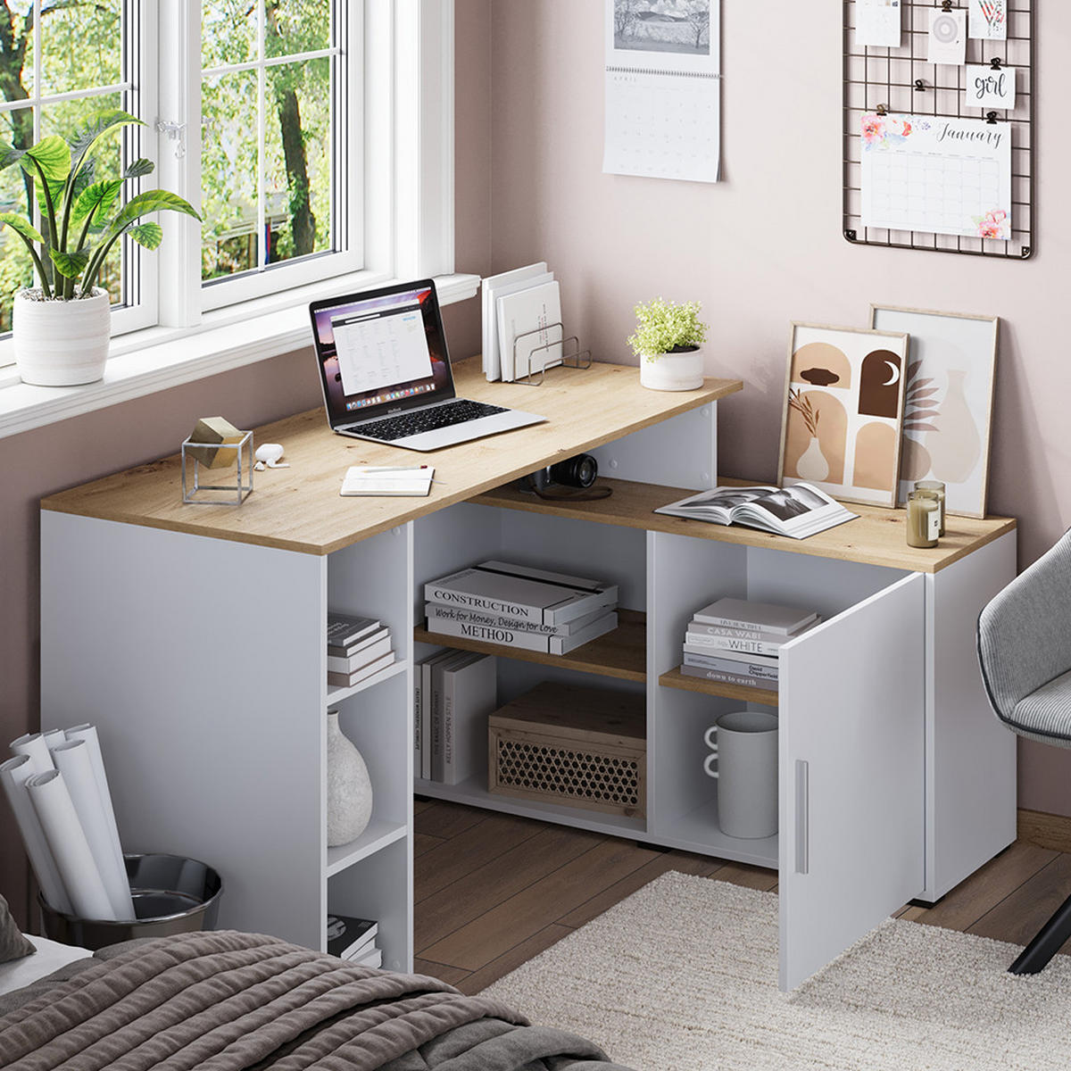 ROHOVÝ PSACÍ STŮL Rudy Bílá/Artisan - bílá, kompozitní dřevo (110/135/75.5cm) - Vicco