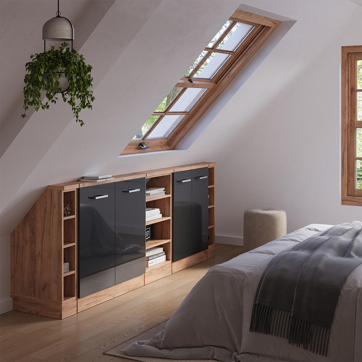 KUCHYŇSKÁ SKŘÍŇKA POD ŠIKMOU STŘECHU R-Line Antracitový vysoký lesk/zlatý dub power - medově dubová/antracitová, kompozitní dřevo (210/81.6/46cm) - Vicco