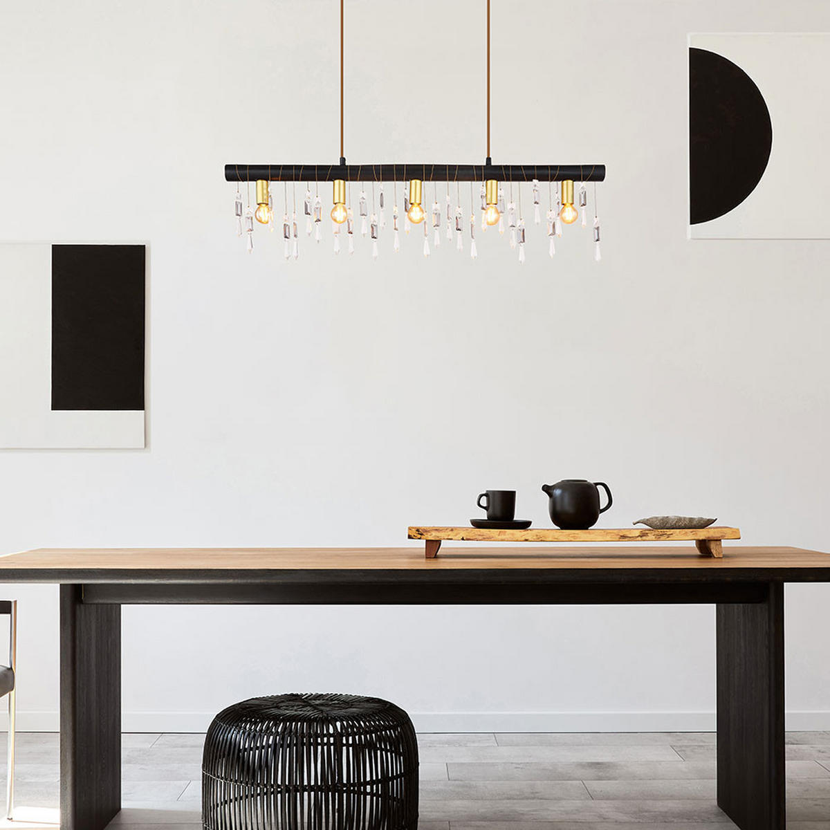 HÄNGELEUCHTE Glaskristalle Schwarz Textilkabel - Schwarz, Holz (90/6/120cm) - Globo Lighting