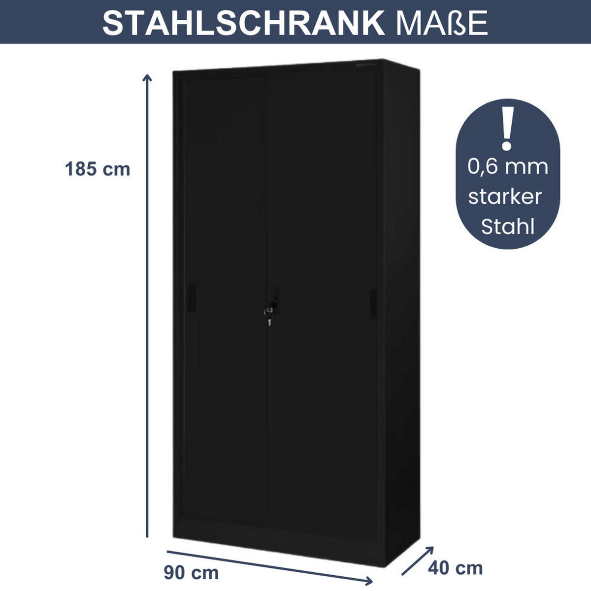 AKTENSCHRANK abschließbar ROLF mit Schiebetüren 185x90x40cm Schwarz - Schwarz, Metall (90/185/40cm) - DELUKE