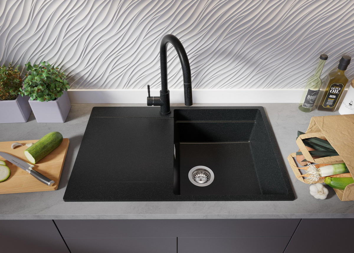 SPÜLBECKEN San Francisco, 2-er set Anthrazit 78/50 cm 1 Becken + Ablauf-Set + Aufrollbare Abtropffläche ab 50er Unterschrank - Chromfarben/Anthrazit, Kunststoff (78/20/50cm) - Primagran