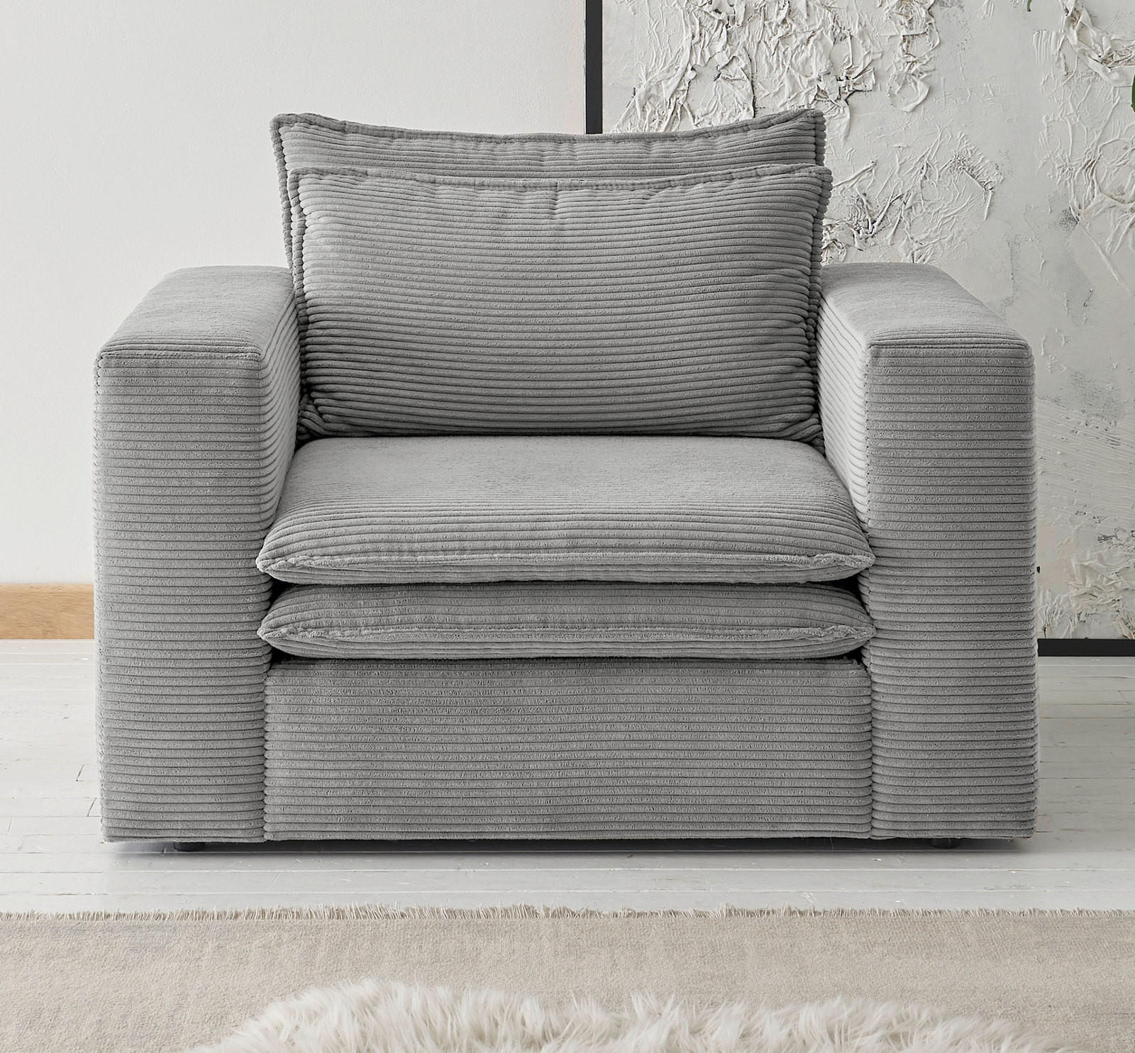 SESSEL hellgrau Cord, Loungesessel 110 cm - Beige/Hellgrau, Holz/Kunststoff (110/83/91cm) - Furn.Design