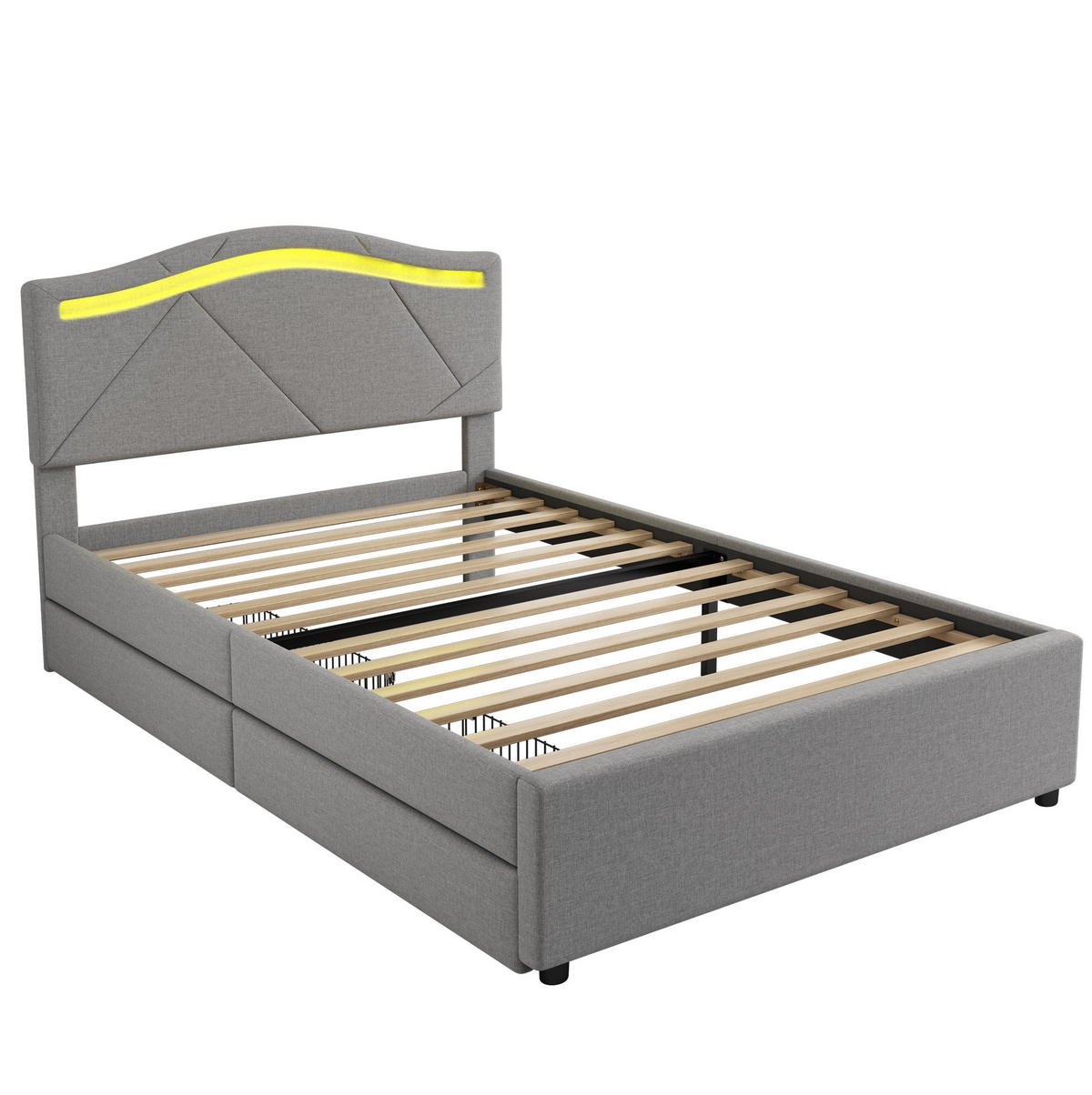 POLSTERBETT 90/200 cm mit LED-Beleuchtung, 2 Schubladen, verstellbarem Kopfteil und Lattenrost, Grau - Grau, Textil (90/200cm) - Redom