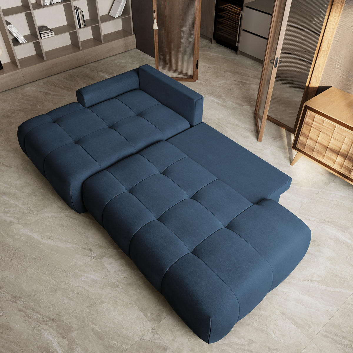 ECKSOFA FLUMA CL L-S Blau Samtstoff mit Schlaffunktion - Blau, Holzwerkstoff/Textil (279/158cm) - MASSENO