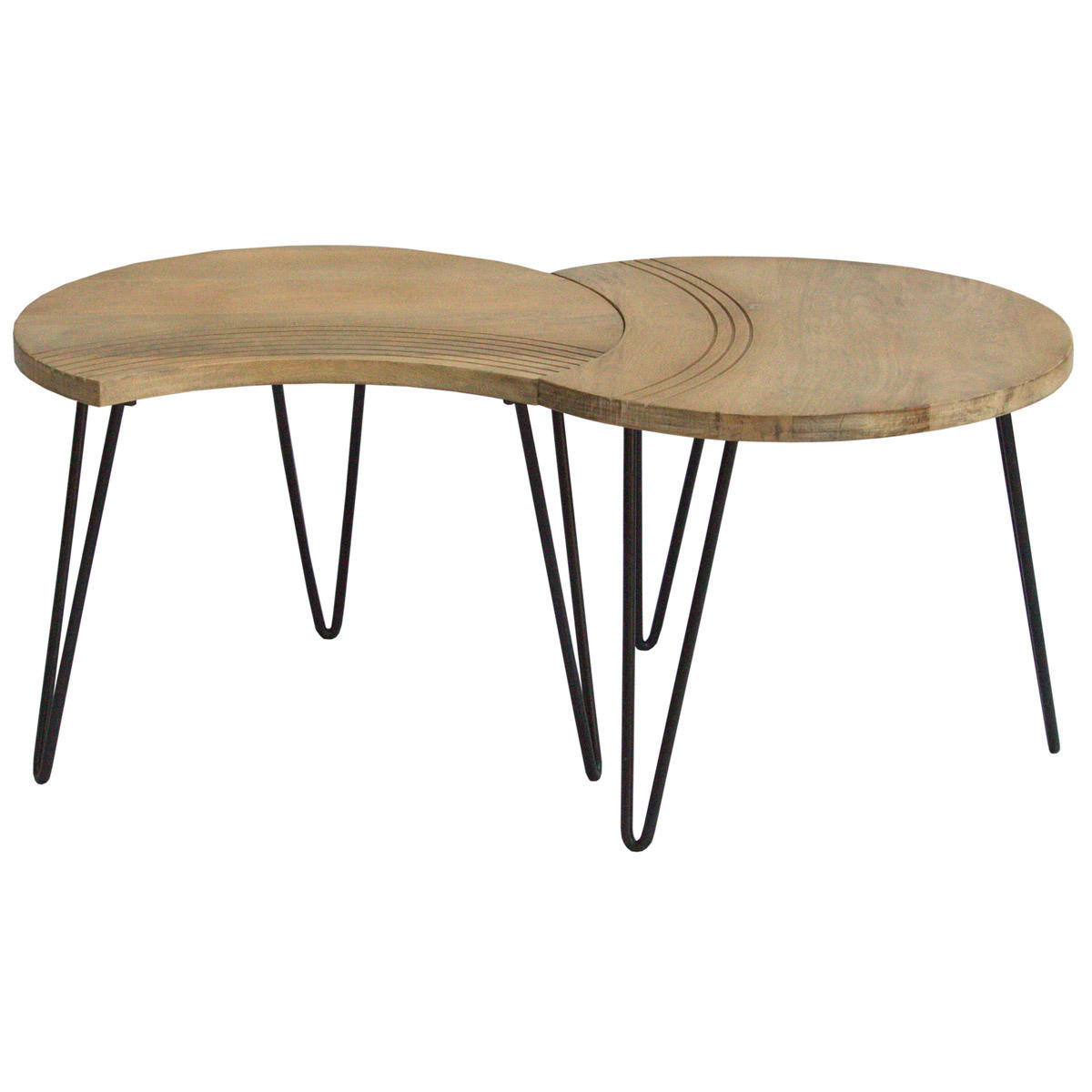 COUCHTISCH Strukturiert Mangoholz Schwarzes Metall 3er-Set VIBES - Naturfarben, Holz (145/60/45cm) - Miliboo