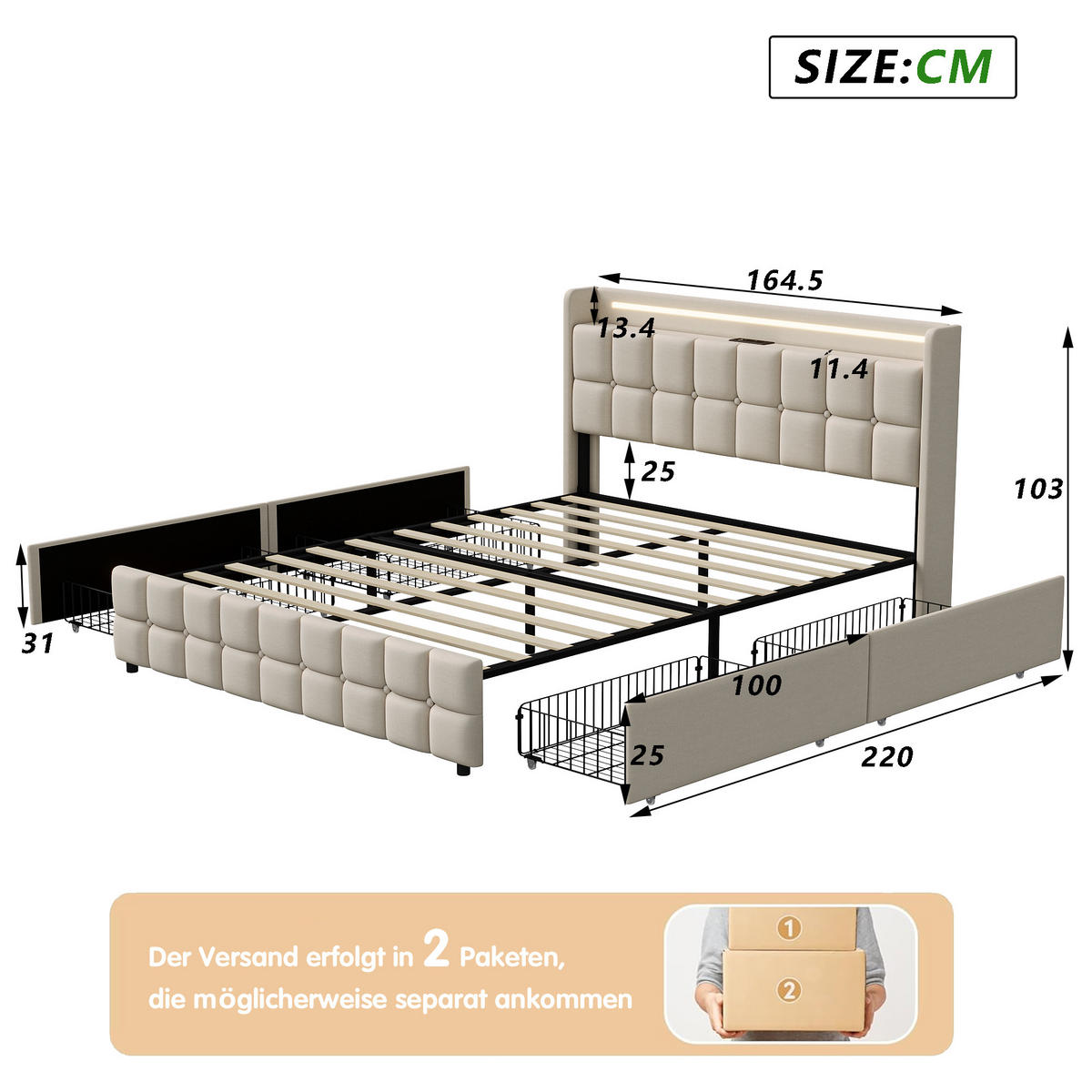 POLSTERBETT 180x200 cm Doppelbett, 4 Aufbewahrungsschubladen, LED-Leuchten & USB-Ladeanschluss, Leinenstoff in Beige - Beige, Holz (160/200cm) - BRILVERDE