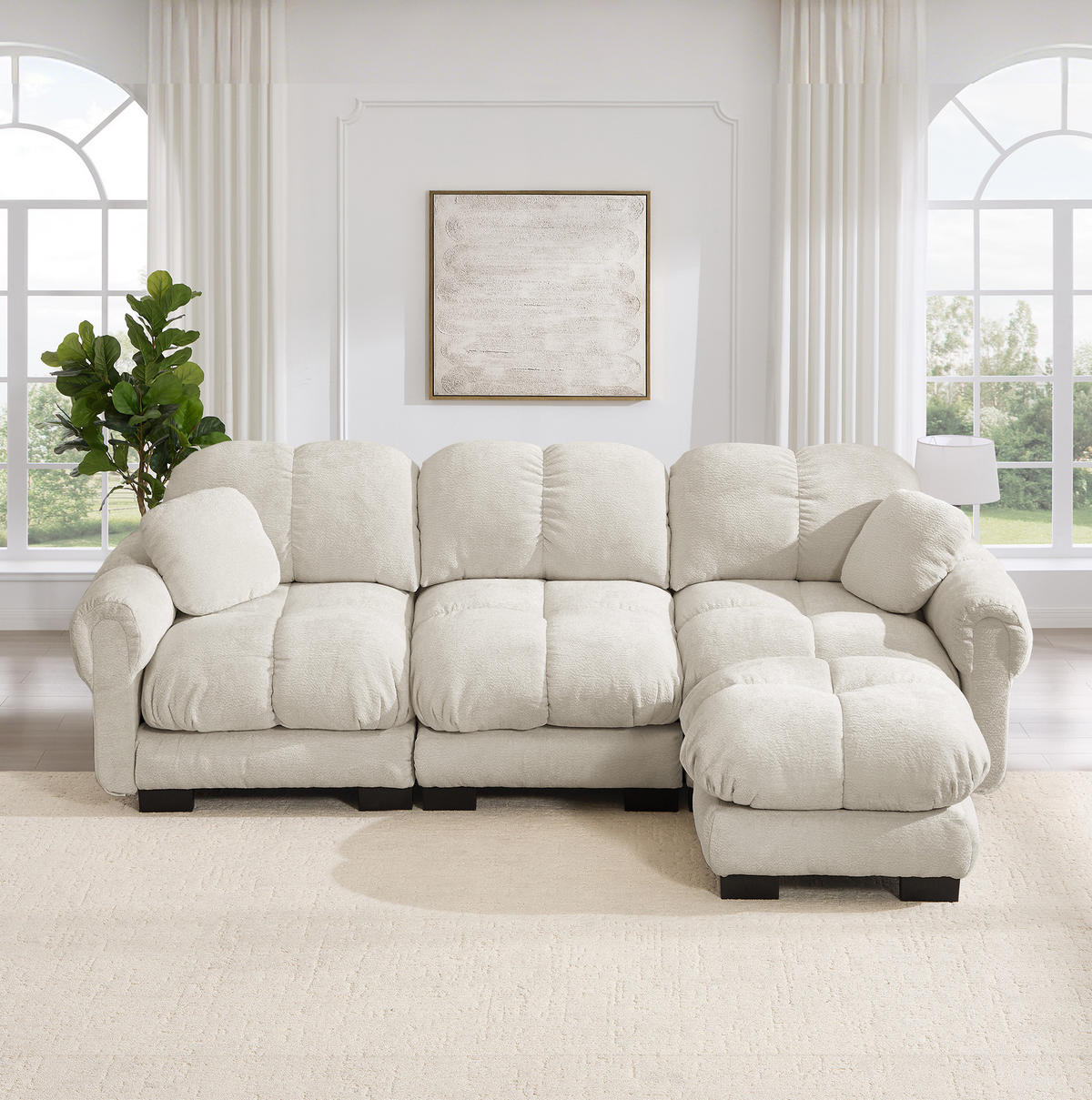 SOFA L-Form mit Hocker Chenille Hell Khaki - Hellbraun, Holz (149/260cm) - Meubliv