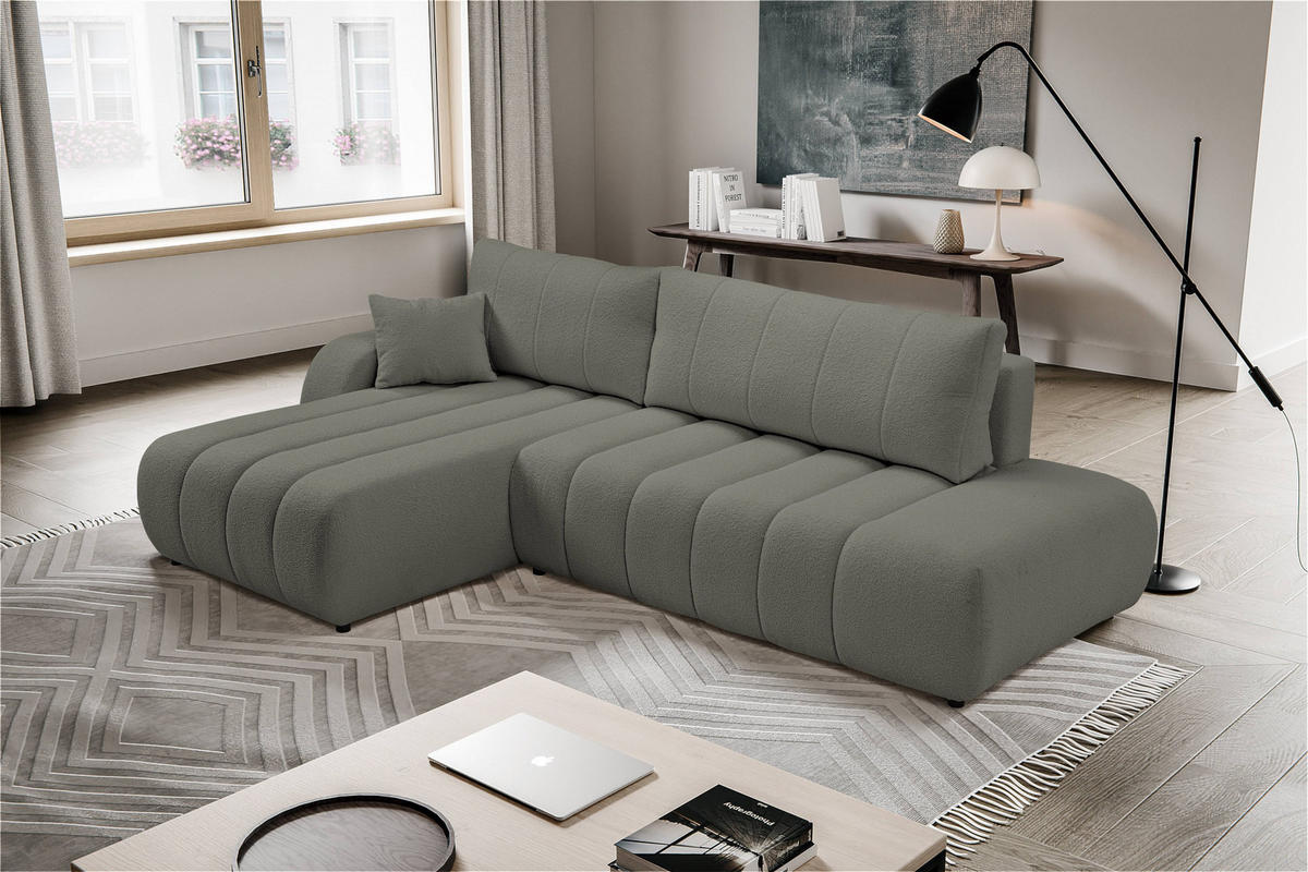 ECKSOFA GIOIA L-S Grau Boucle-Stoff mit Schlaffunktion - Grau, Holz (276/176cm) - MASSENO