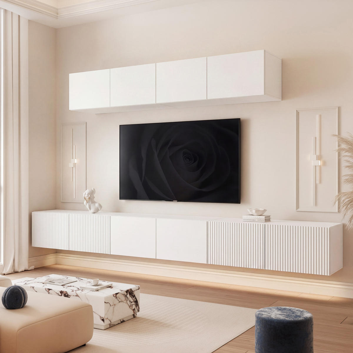 TV-LOWBOARD ANGEL VII mit LED-Beleuchtung, 300 cm Weiß matt - Weiß, Holzwerkstoff (300/72/40cm) - Idohome