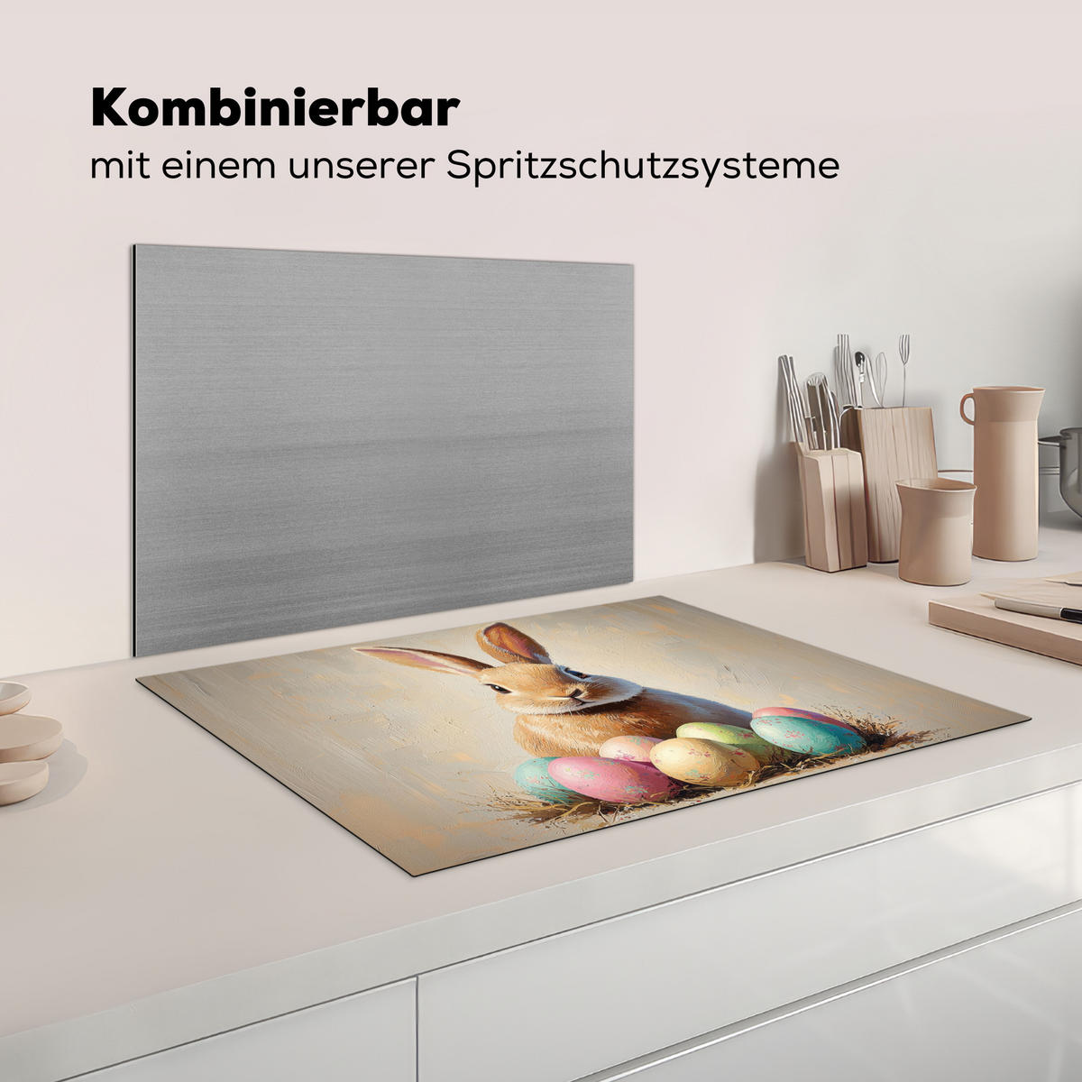HERDABDECKPLATTE Osterhase - Pastell - Eier Herdabdeckung Induktionsfeld 75x52 cm - Beige, Kunststoff (75/52/0.2cm) - MuchoWow