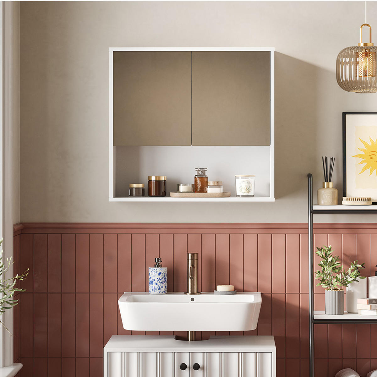 BADSPIEGELSCHRANK Eliza Weiß Riffel 70 x 65 cm - Weiß, Holzwerkstoff (70/65/22cm) - Vicco