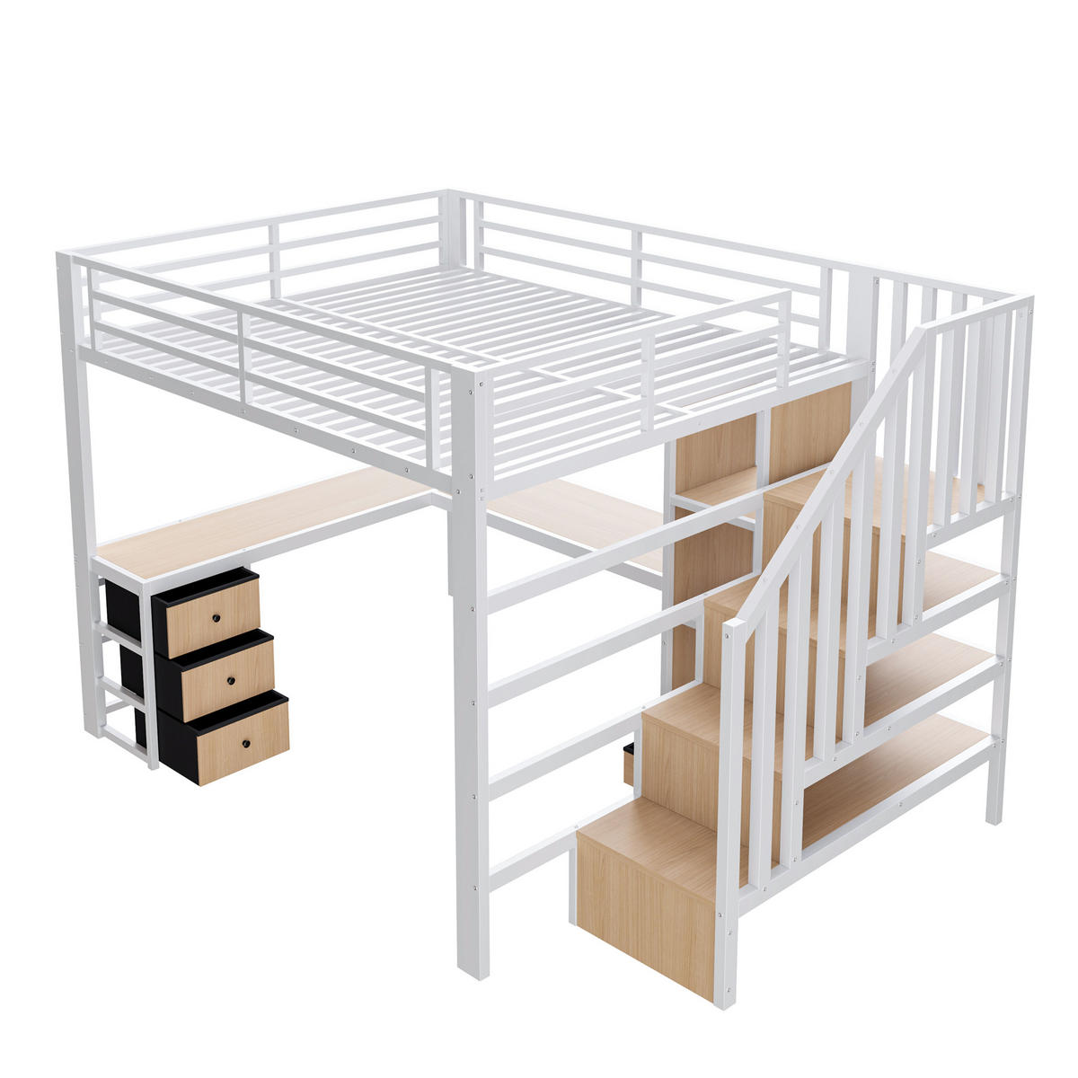 HOCHBETT 140/200 cm in Weiß mit 4 Schubladen, Schreibtisch und LED - Weiß, Holzwerkstoff/Metall (140/200cm) - STILVORA