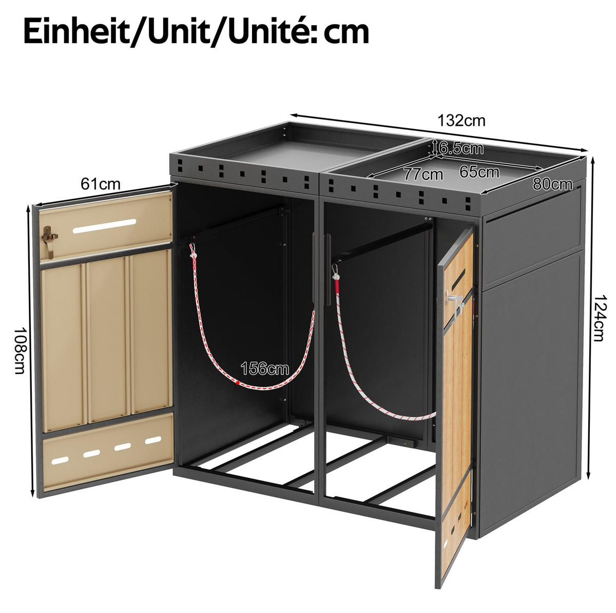 MÜLLTONNENBOX aus Stahl in Grau Holzoptik mit Pflanzdach & Schloss - Grau, Metall (264/124/80cm) - Modfu