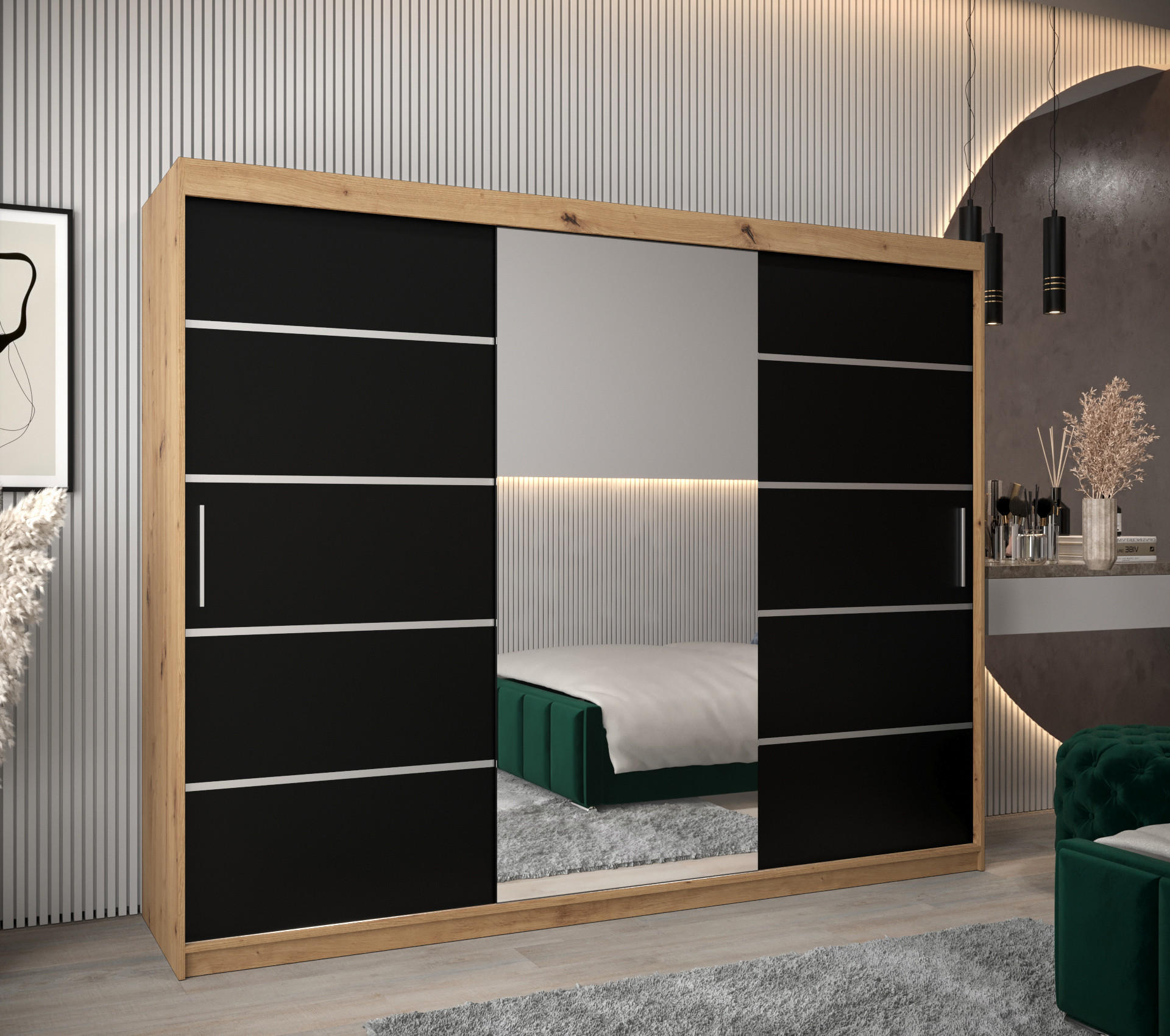 SCHWEBETÜRENSCHRANK 200/250/62 3-türig - Silberfarben/Schwarz, Holz/Kunststoff (250/200/62cm) - MÖBEL KRYSPOL
