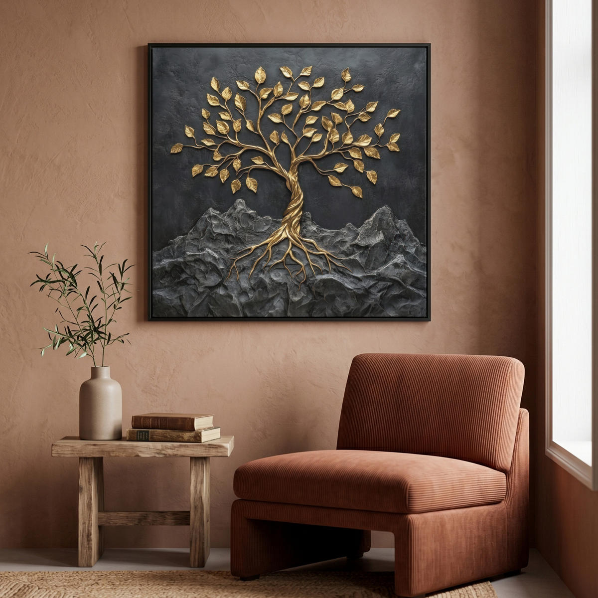 LEINWAND Bilder mit Rahmen - Blätter - Gold - Baum - Fels - 90x90 - Schwarz, Textil (90/90cm) - MuchoWow