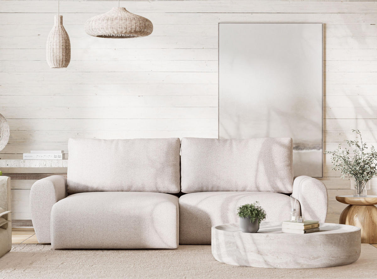 ECKSOFA MIT SCHLAFFUNKTION Numba Hellbeige Webstoff - Beige/Schwarz, Holz/Holzwerkstoff (253/153cm) - Maison de Reve