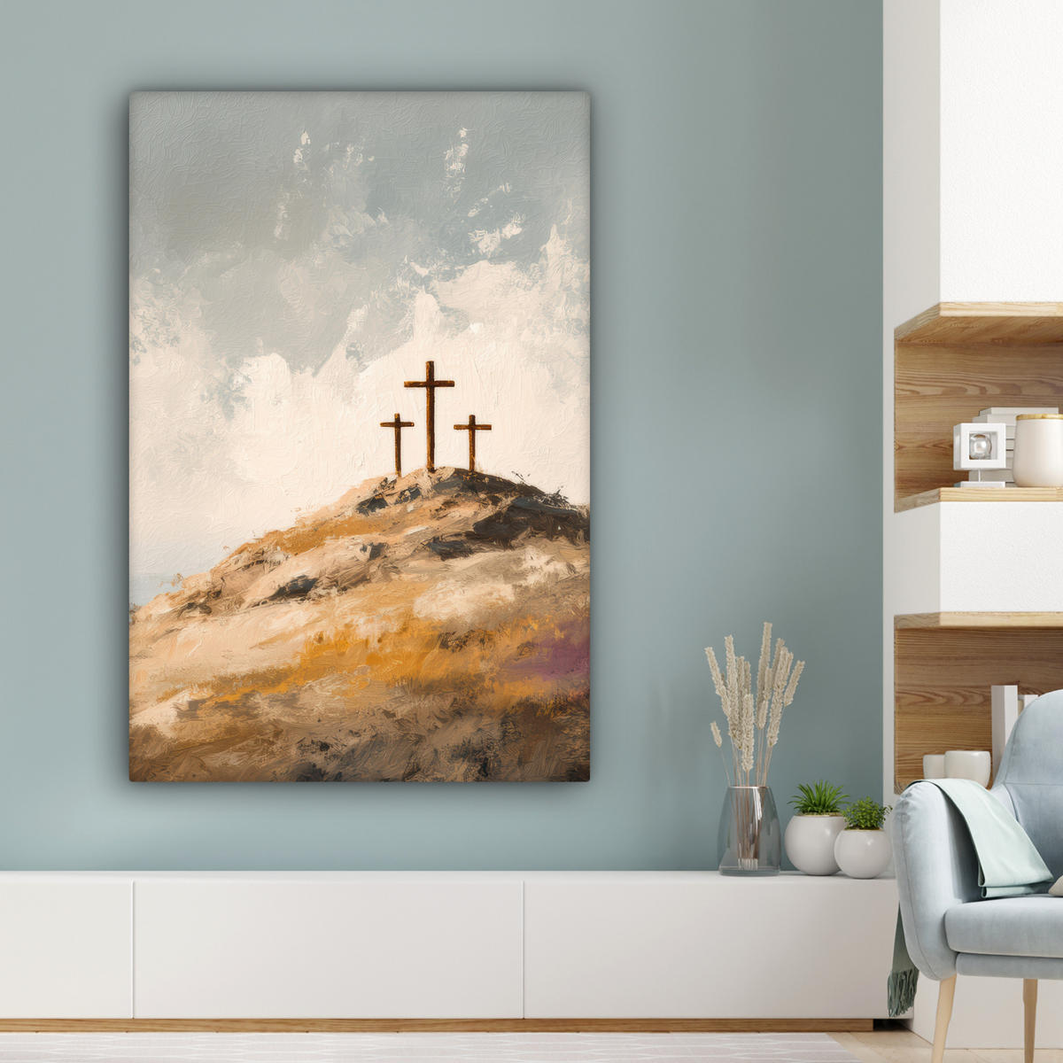 LEINWANDBILD Hügel - Abstrakt - Christentum - Kreuz Deko XXL 80x120 cm - Hellgrau, Textil (80/120cm) - MuchoWow