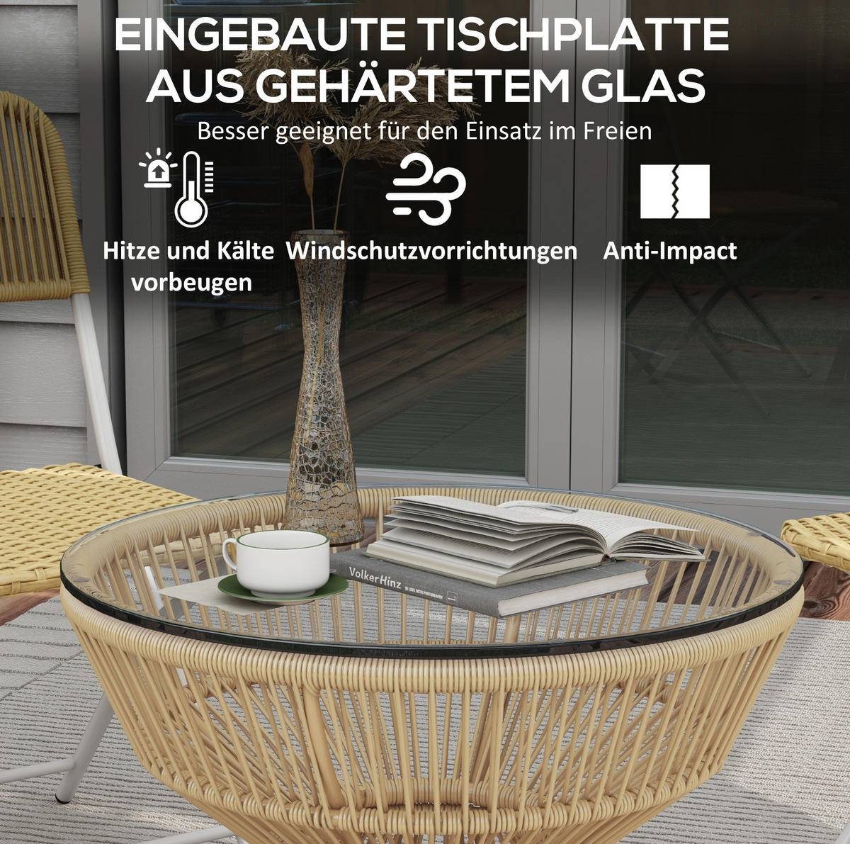 GARTENTISCH aus Glas 60x60x50 cm Naturholz mit Rattan-Umrandung - Naturfarben, Glas (60/60/50cm) - Modfu