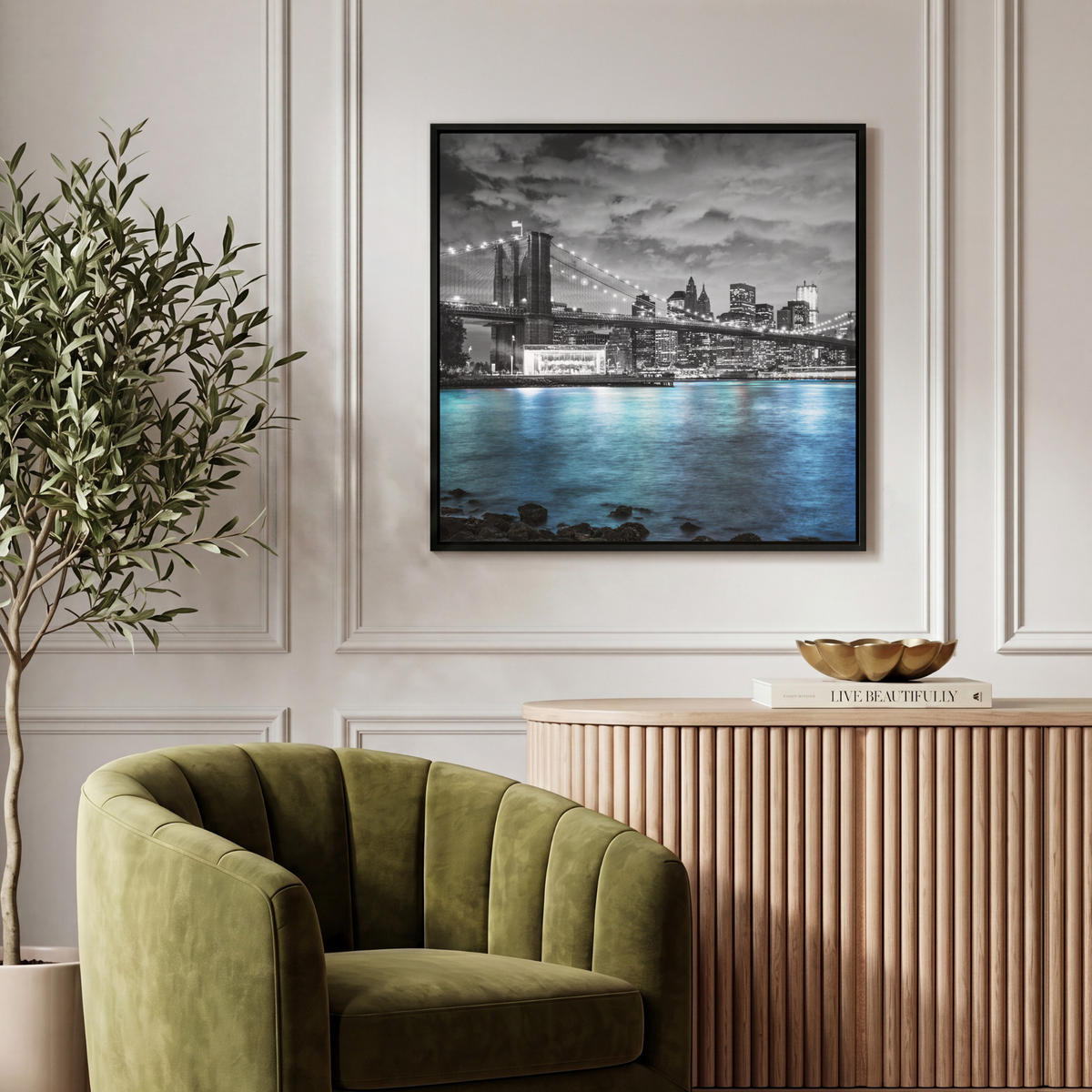 LEINWAND Bilder mit Rahmen - New York - Skyline - Stadt - Blau - 50x50 - Blaugrau, Textil (50/50cm) - MuchoWow