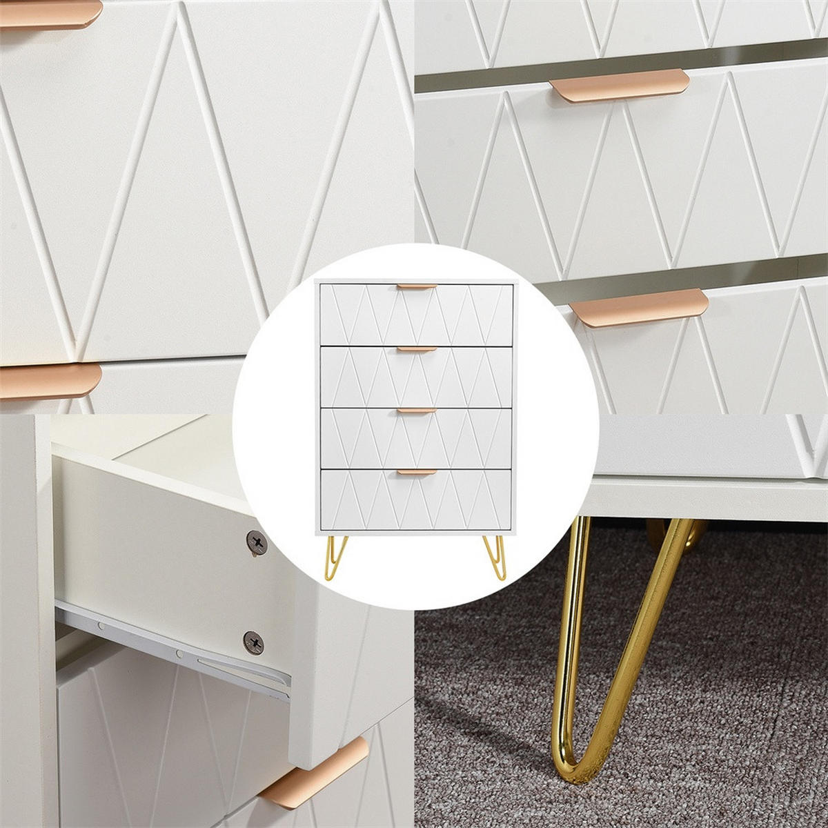 KOMMODE mit 4 Schubladen - Rautenmuster-Design und goldene Metallbeine - für Wohnzimmer und Schlafzimmer - Weiß - Weiß, Holzwerkstoff (60/90/34cm) - DELFA