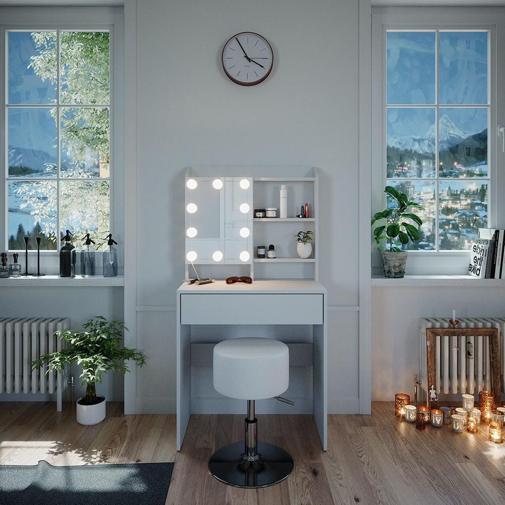 SCHMINKTISCH Laura Weiß 70 cm mit LED Beleuchtung und Hocker - Weiß, Holzwerkstoff (70/136/40cm) - Vicco