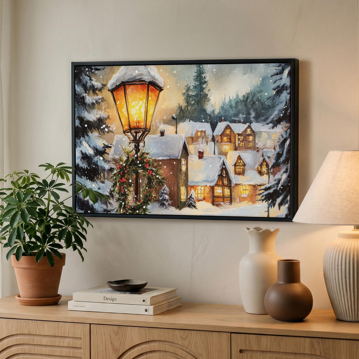 LEINWAND Bilder mit Rahmen - Weihnachtsdorf - Häuser - Schnee - Weihnachten - 60x40 - Sandfarben, Textil (60/40cm) - MuchoWow