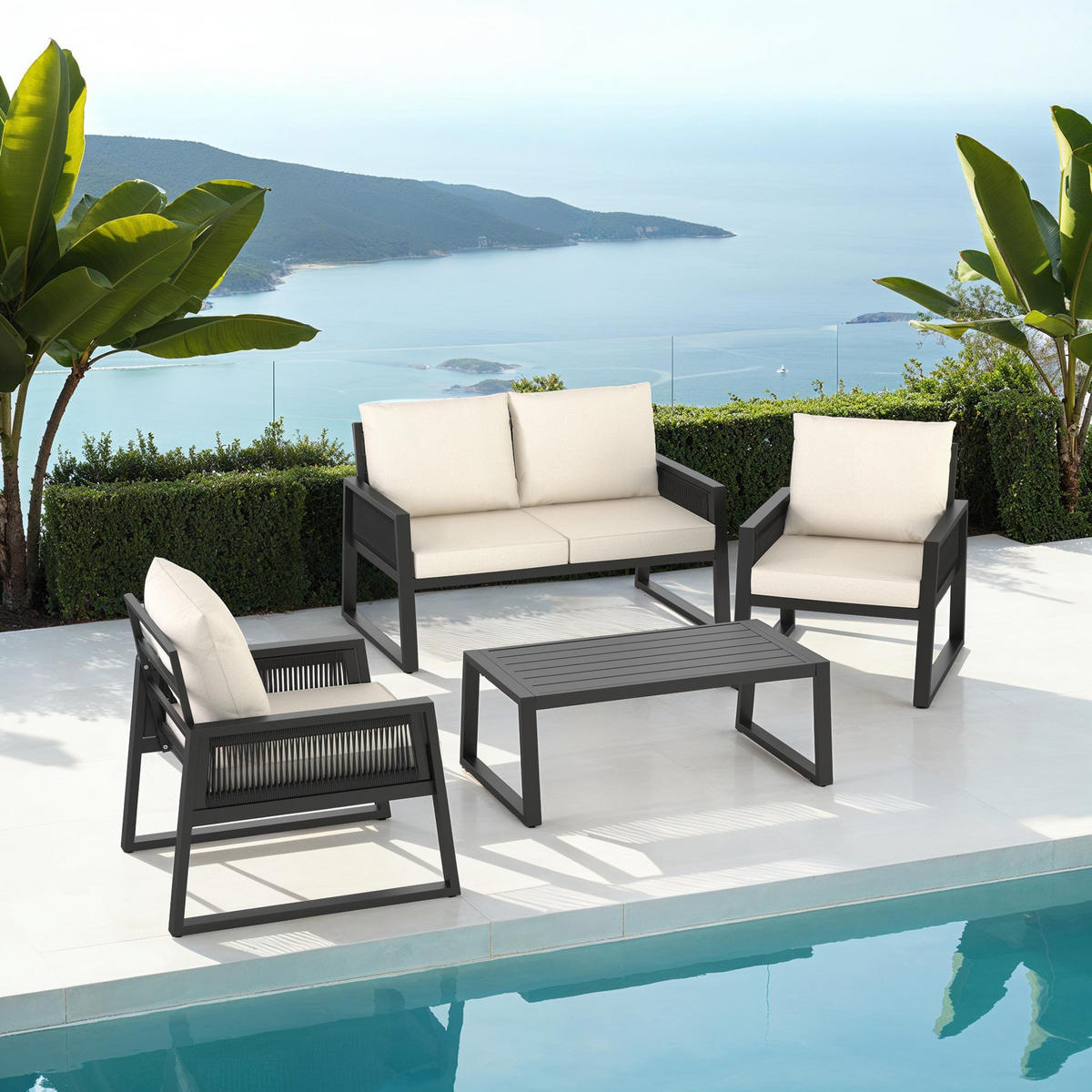 GARTEN-LOUNGE SET Captive,Tisch mit Lamellenmuster,anthrazit - Anthrazit, Kunststoff/Metall - tectake