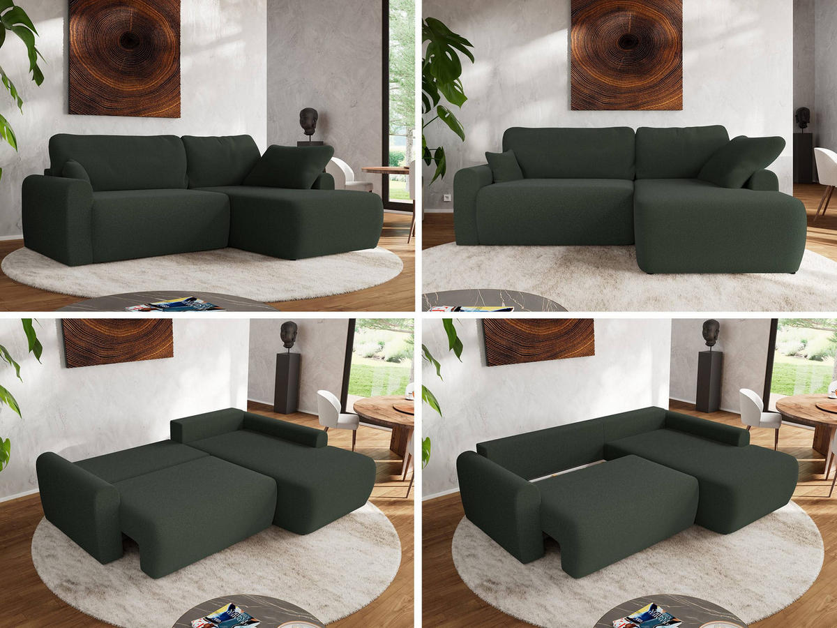 ECKSCHLAFSOFA CUBO L Dunkelgrün Boucle - rechts - Dunkelgrün/Schwarz, Kunststoff/Textil (187/273cm) - MKS