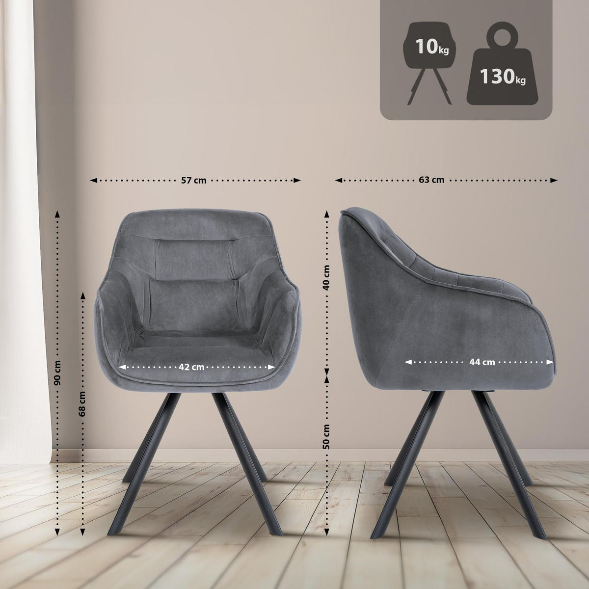 ARMLEHNENSTUHL Samt Dunkelgrau - Dunkelgrau/Schwarz, Textil/Metall (57/90/63cm) - CLP