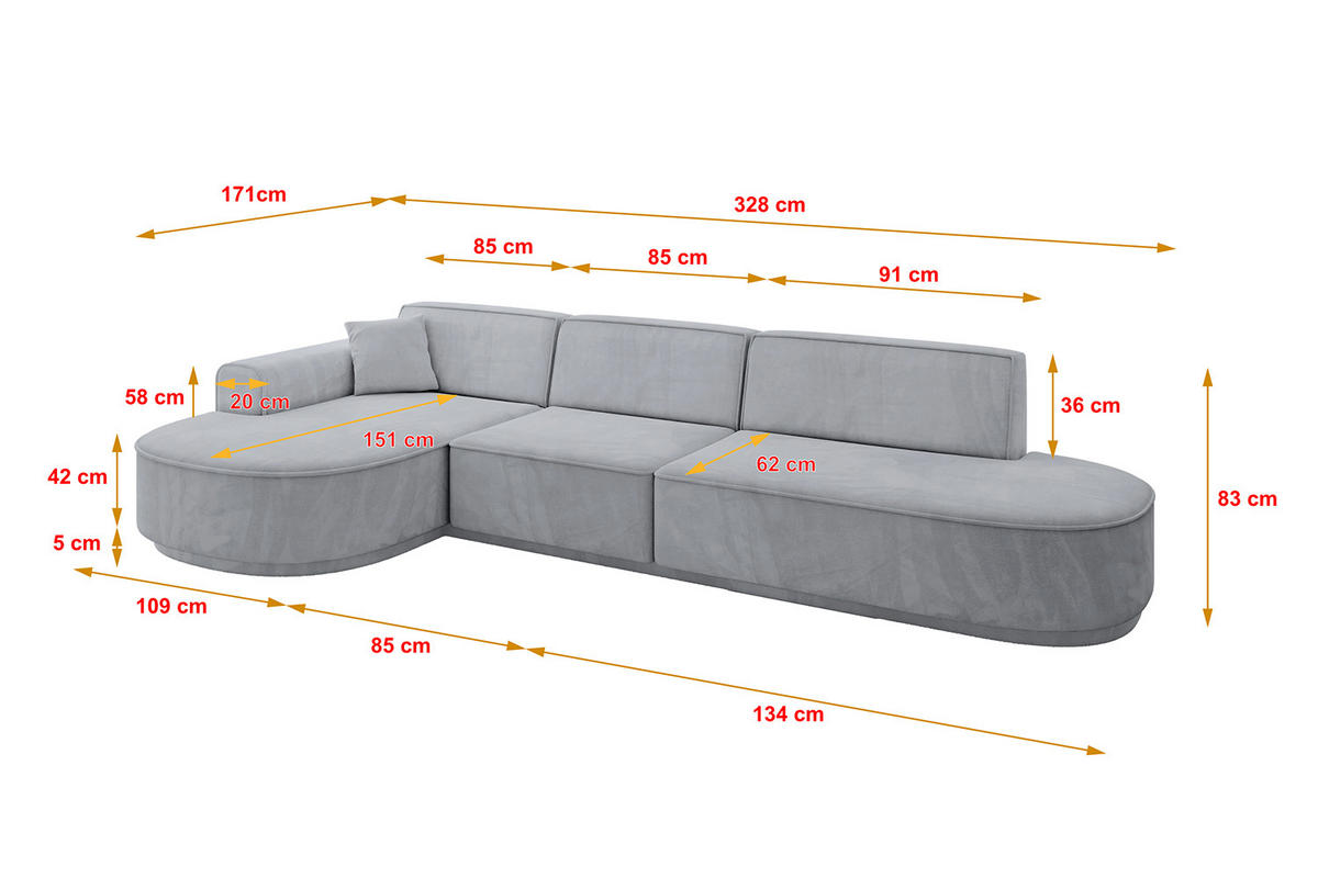 ECKSOFA Ottomane Links MARI-L2-v3 - 328x171x83 cm Grau Velours - Schwarz/Grau, Holzwerkstoff/Kunststoff (328/171cm) - ALTDECOR