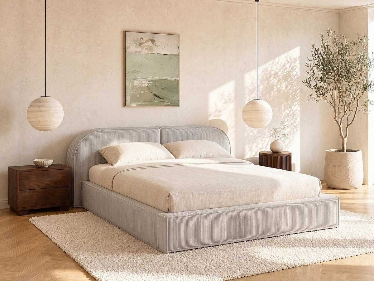 BETT mit Bettkasten - 2 Personen - Samt, Stoff - Cremefarben - Creme, Textil (180/200cm) - Vente-Unique