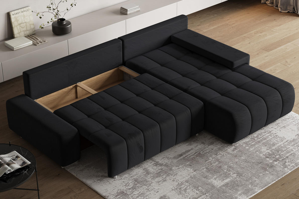 ECKSOFA ALESE R-S Schwarz Velours-Stoff mit Schlaffunktion - Schwarz, Holz (265/185cm) - MASSENO