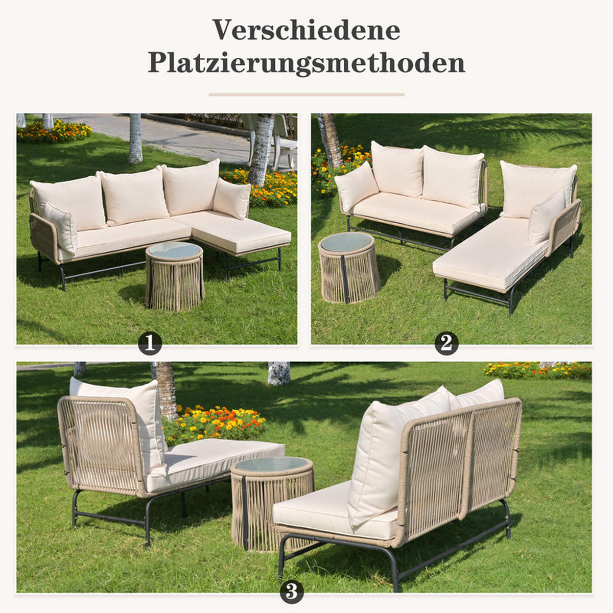 GARTENLOUNGE-SET BEIGE L-förmig mit Seilgeflecht und Tisch - Beige, Textil - BLACKCUP