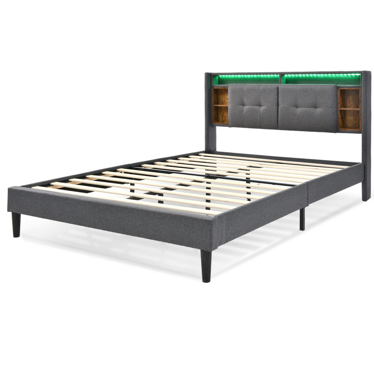 ČALOUNĚNÁ postel s úložným čelem, 223/149/107 cm šedá, s USB, LED a lamelovým roštem - šedá, dřevo (140/200cm) - BEAOK