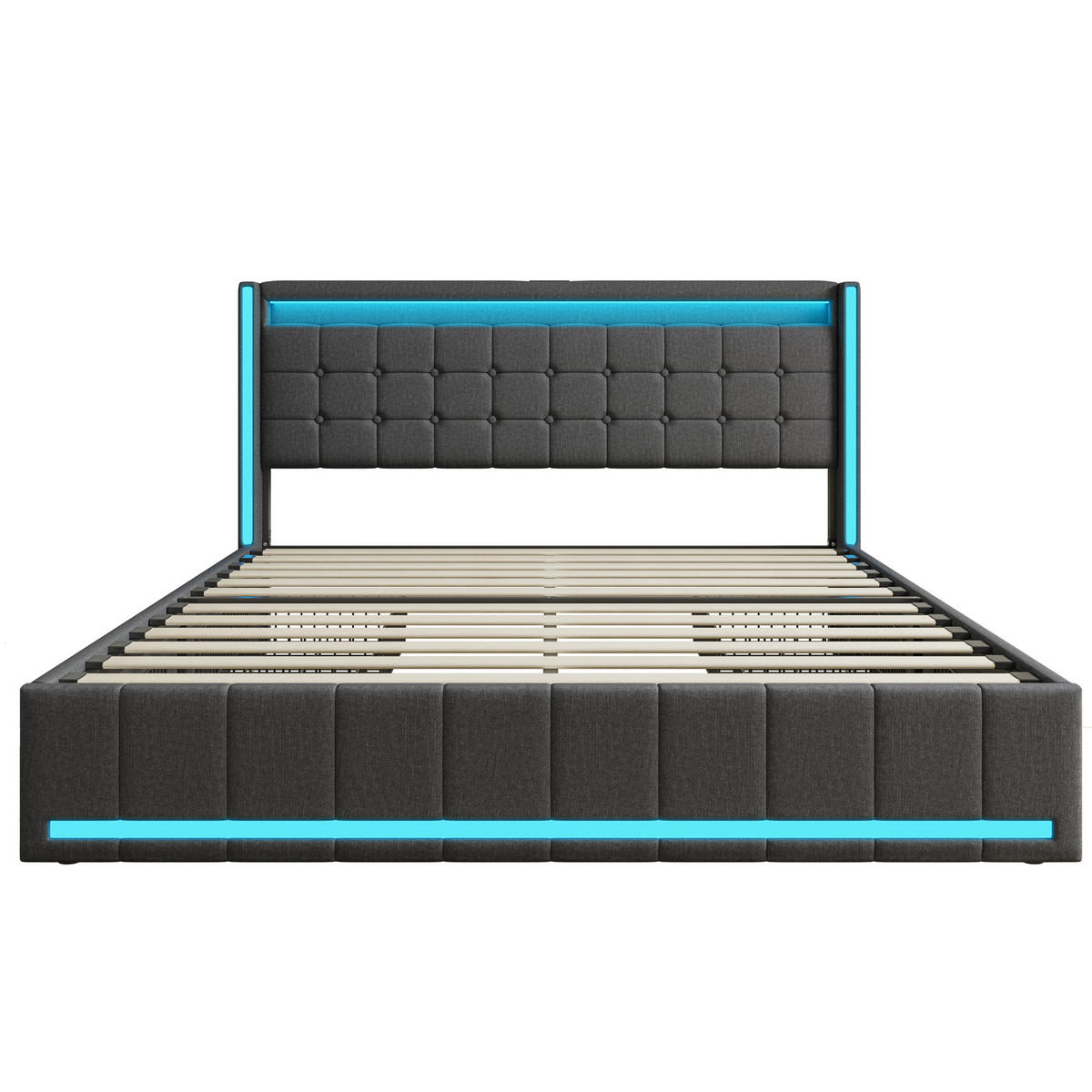 POLSTERBETT 140x190 cm mit LED, USB-Anschluss, 4 Schubladen und Flügelkopfteil, grau - Grau, Holz (140/190cm)
