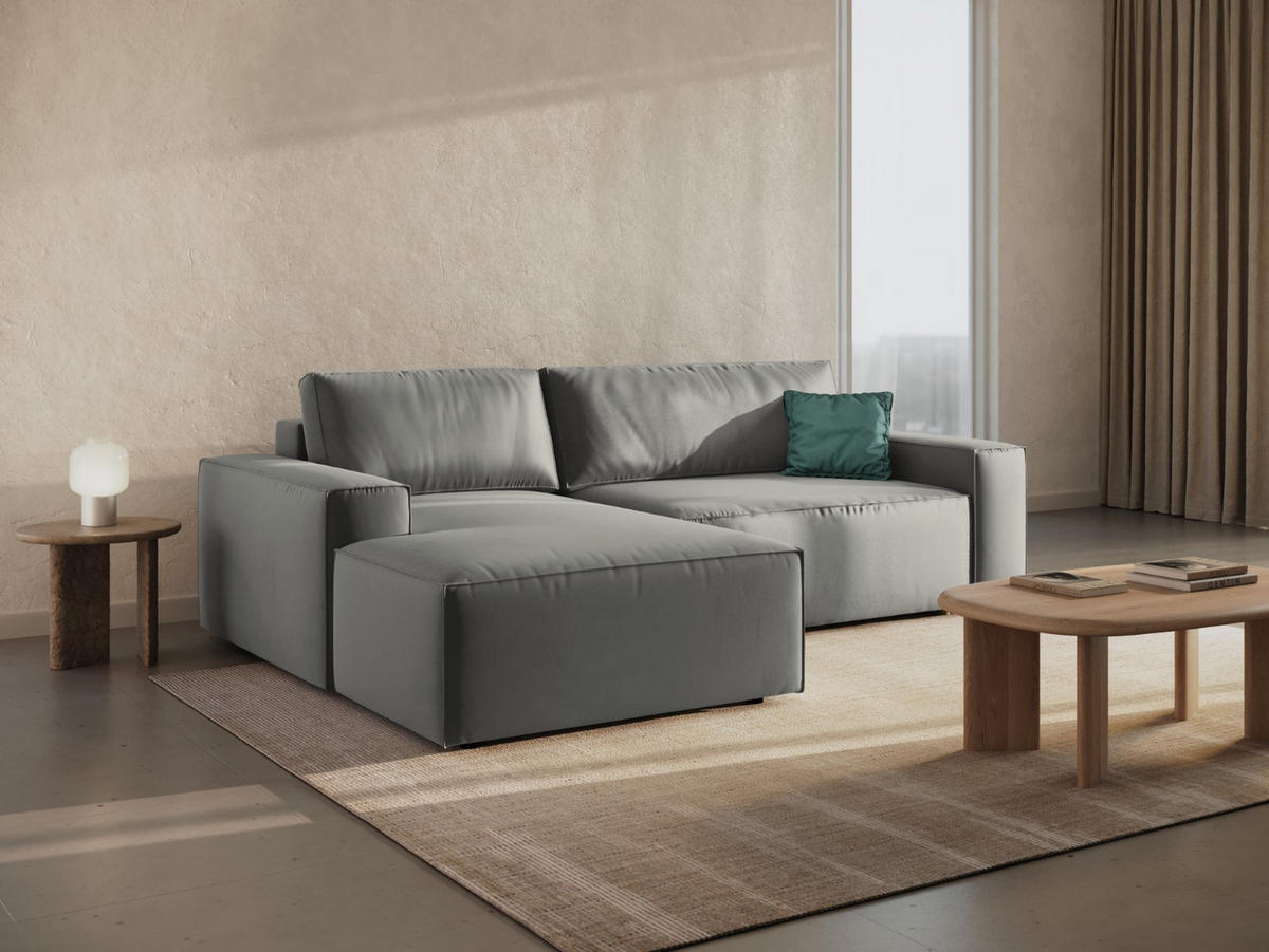 ECKSOFA ausklappbar links mit Container Jodie aus Samt hellgrau 3 Sitzplätze - Hellgrau, Textil (246/151cm) - Micadoni