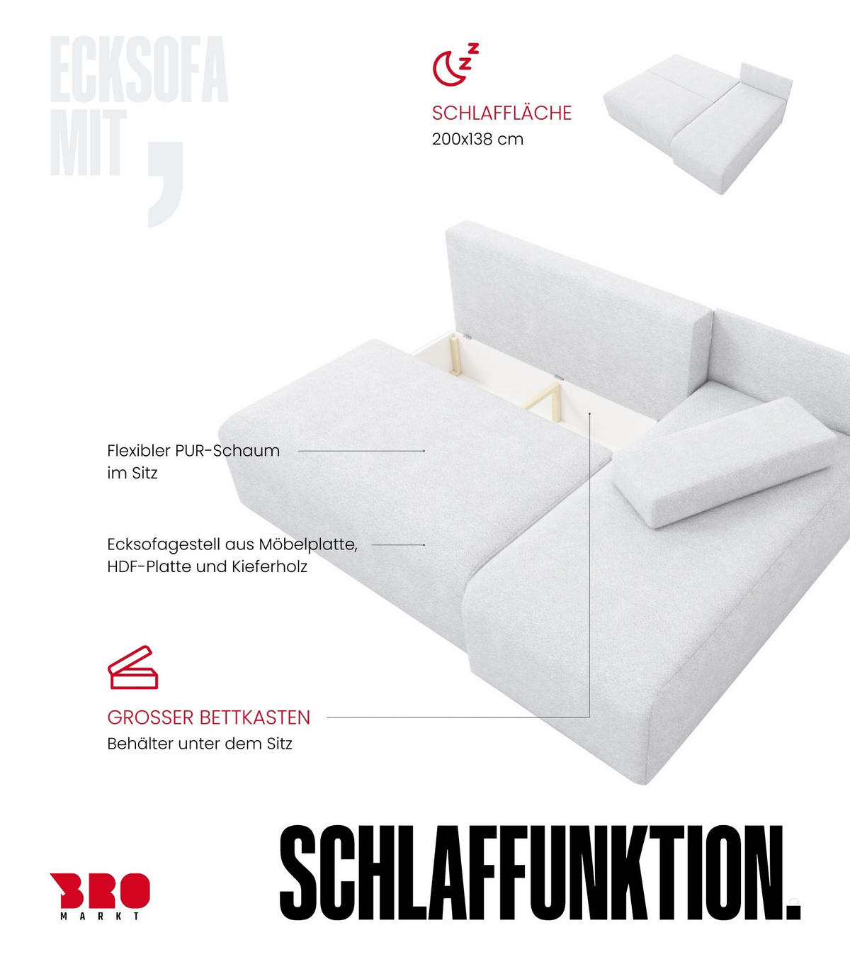 ECKSOFA Ernest mit Schlaffunktion Grau Bouclé - Grau, Textil (200/145cm) - Bromarkt
