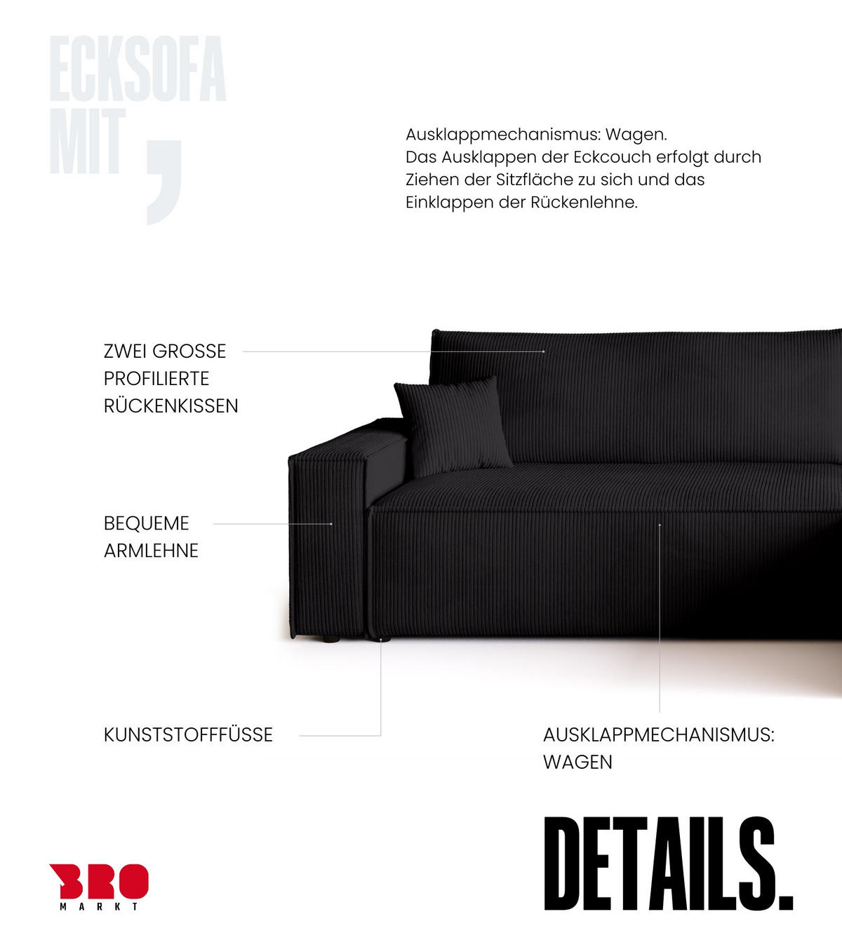 ECKSOFA ADI XL mit Schlaffunktion Schwarz Cord - Schwarz, Textil (272/143cm) - Bromarkt