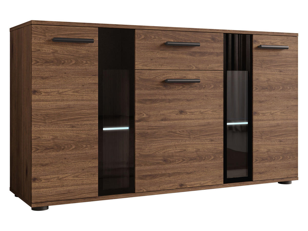 KOMMODE Salsa mit blauer LED Beleuchtung - Nussbaumfarben/Schwarz, Holzwerkstoff/Kunststoff (141/80/41cm) - MIRJAN24