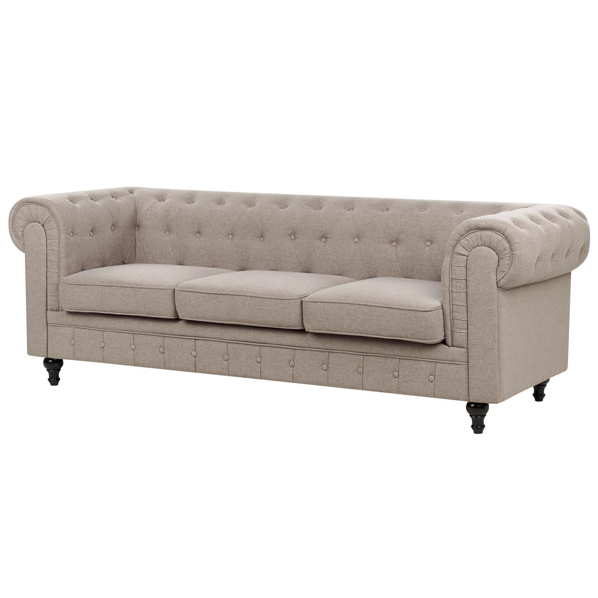 3-SITZER-SOFA Leinenoptik taupe Chesterfield - Beige/Dunkelbraun, Textil (202/70/75cm) - Beliani