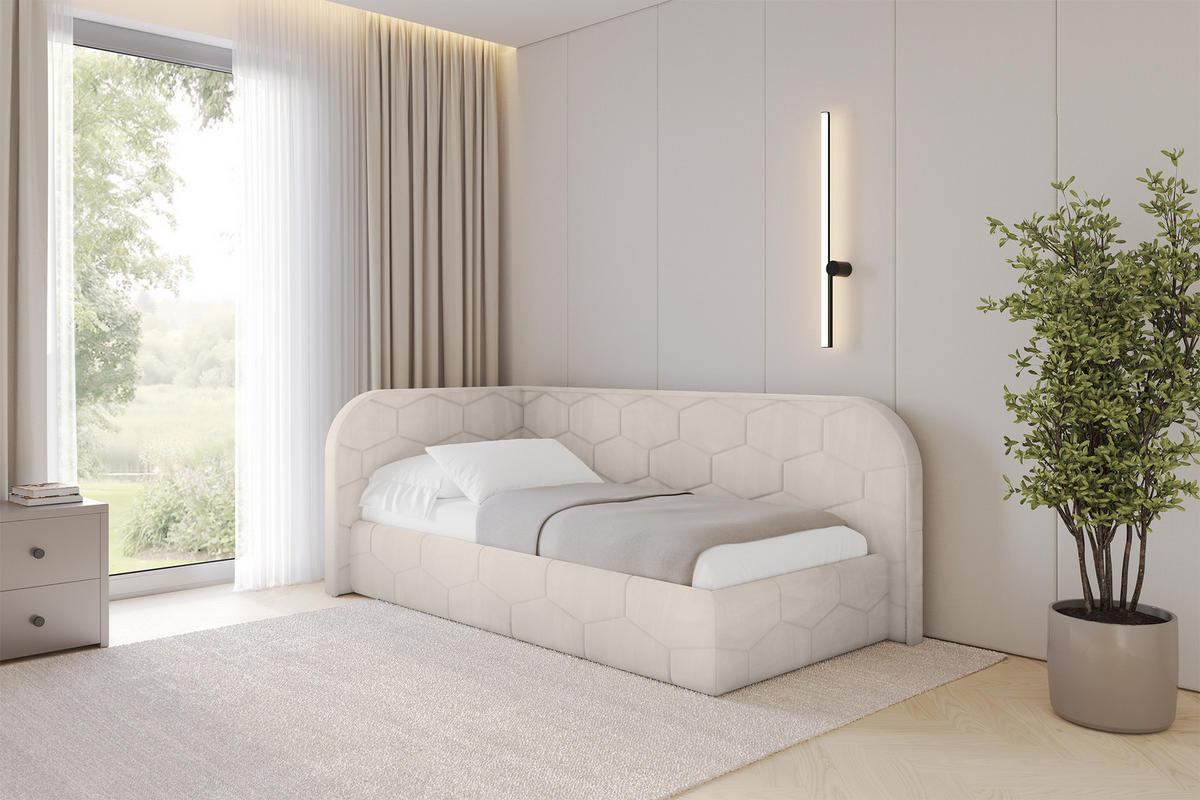 EINZELLBETT Jugendbett mit Bettkasten und Matratze H3/H4, Rechts - JAXY 90x200 Beige - Sandfarben, Holzwerkstoff/Textil (90/200cm) - ALTDECOR