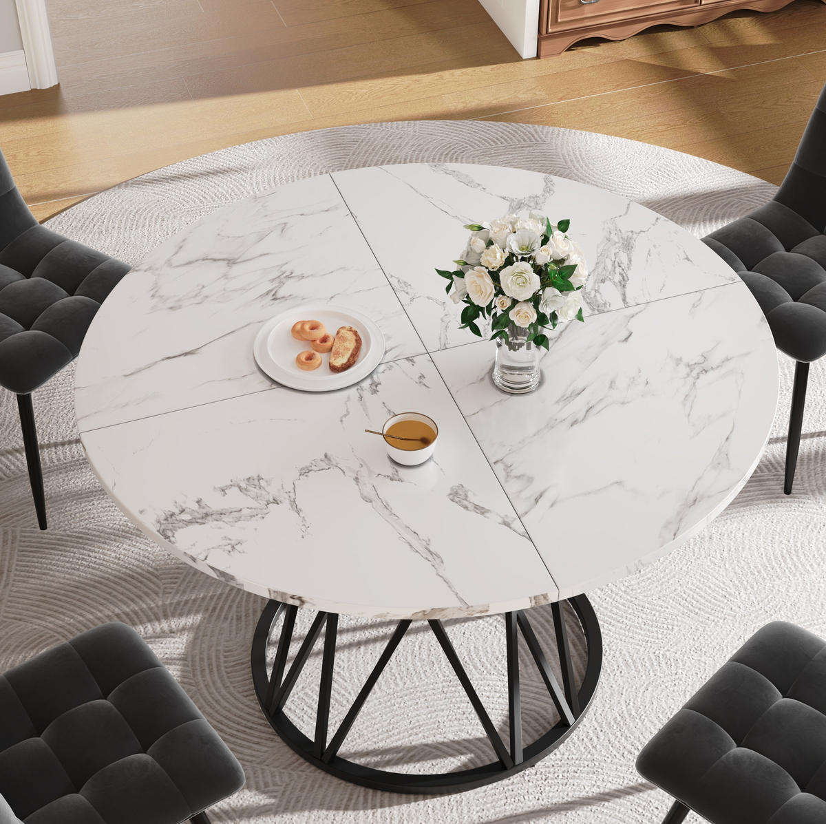 ESSTISCH 100x100x76 cm in Schwarz aus MDF mit Schwarz-Marmoroptik auf Metallgestell mit Stellfüßen - Schwarz, Holzwerkstoff (100/100/76cm) - Modfu